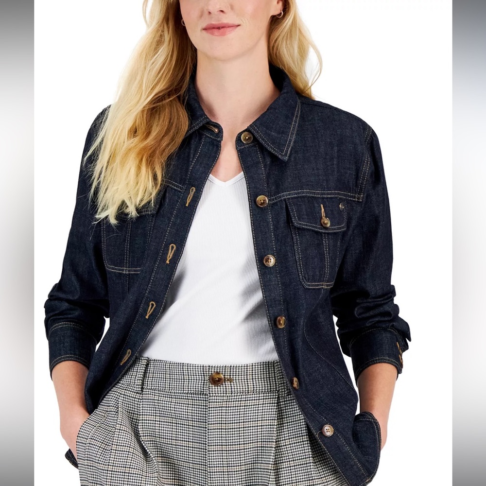 Tommy Hilfiger Women’s Denim Shirt Trucker Shacket Jacket Long Sleeve Sz M $109